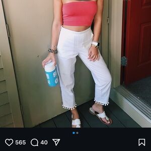 JCrew linen blend White Pom-Pom Trim Pants